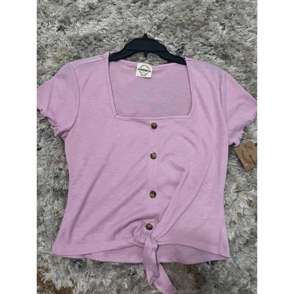 One Step Up Cropped Shirt Button Up Tie Bottom Purple Size L Women NWT